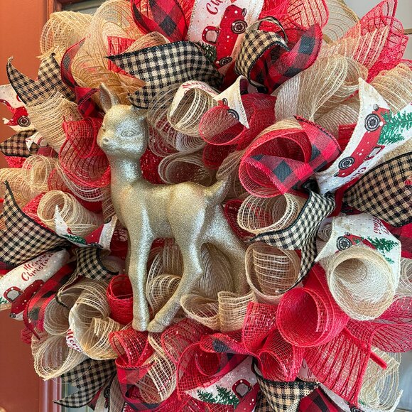 Golden Reindeer Deco Mesh Christmas Wreath - 24 inch - Picture 3 of 4